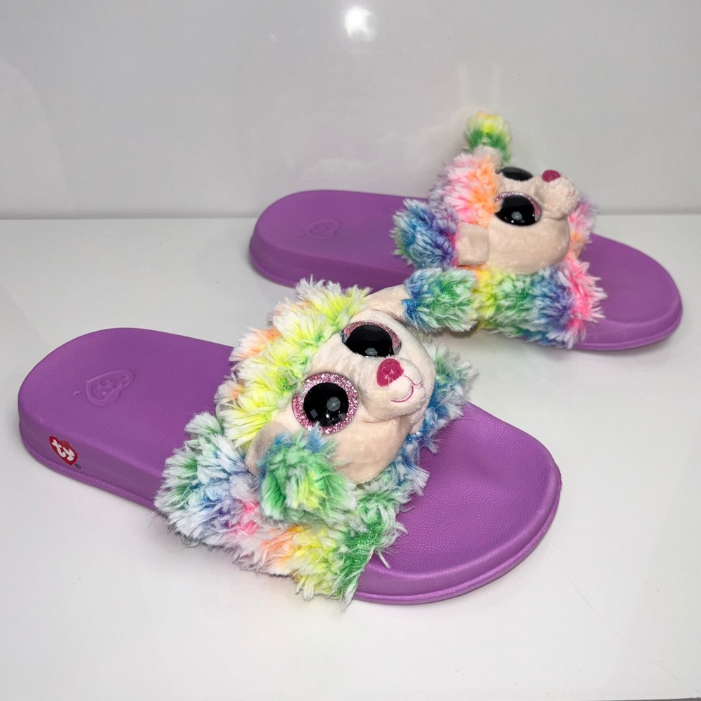 Ty Beanie Boos Rainbow the Poodle Purple Plush Slides Slippers Girls Size 4
